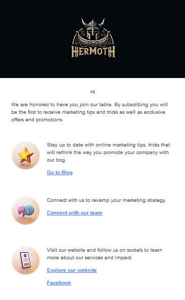 Hermoth Welcome Email Example